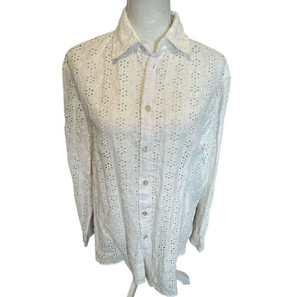 Polo Ralph Lauren White Eyelet Floral Sheer Button Down Top 100% Linen NWT $129 - Picture 1 of 9